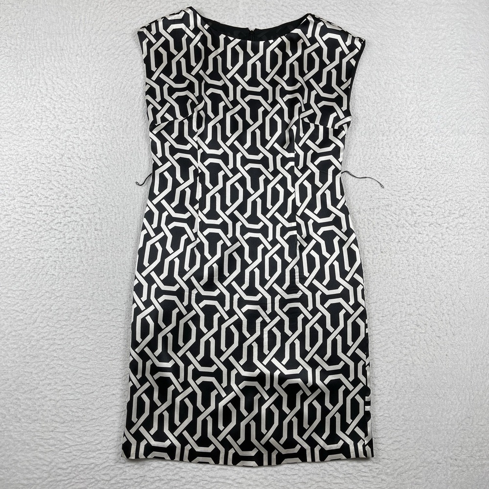 INC Silk Sheath Dress Womens 8 Black Silver Geometric Chain Link Cocktail Office